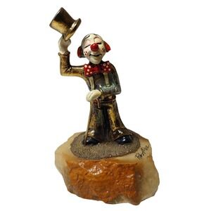 Ron Lee Signed Bronze Figurine Clown Top Hat Cane 24K Gold Paint Onyx Base 1982